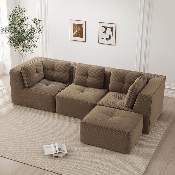 Divano angolare a forma di L senza cornice, divano modulare in corda marrone, divano a 3 posti con seduta profonda, senza struttura aerea, dimensioni 297x177x69 cm
