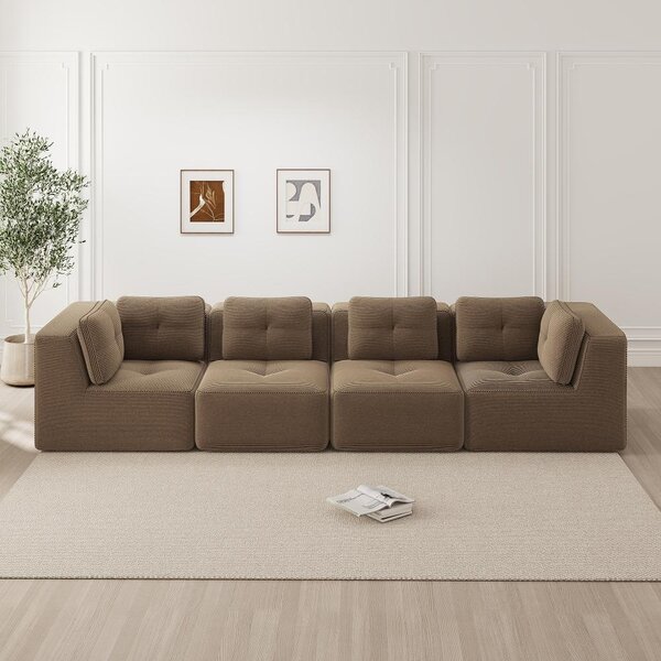 Divano modulare per soggiorno, color marrone, divano in tessuto corduroy a 4 posti, con seduta profonda e braccioli ampi, divano angolare senza elementi aggiuntivi, resistente ai graffi, dimensioni 386x104x69 cm