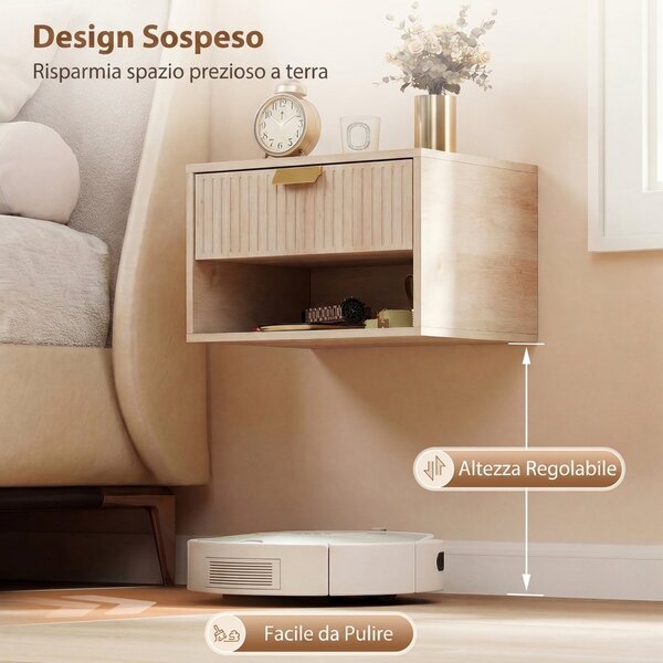 HOMCOM Set di 2 Comodini Sospesi con Cassetto Decorato e Mensola Aperta, Rovere | Aosom Italy