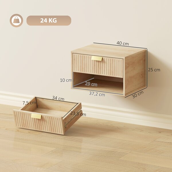HOMCOM Set di 2 Comodini Sospesi con Cassetto Decorato e Mensola Aperta, Rovere | Aosom Italy