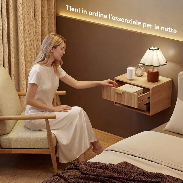 HOMCOM Set di 2 Comodini Sospesi con Cassetto Decorato e Mensola Aperta, Rovere | Aosom Italy