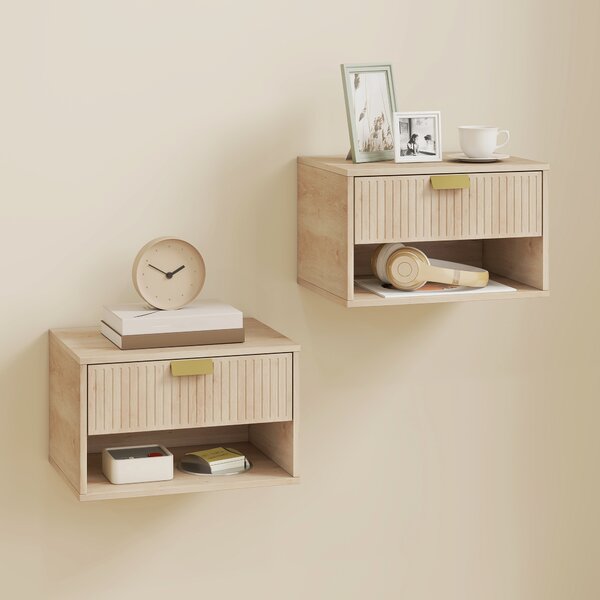 HOMCOM Set di 2 Comodini Sospesi con Cassetto Decorato e Mensola Aperta, Rovere | Aosom Italy