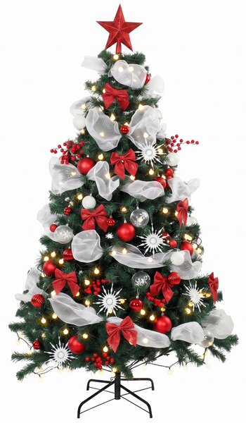 Albero Natale Folto Ø110x180 cm con 200 Luci LED Telecomando 8 Modalità 800 Rami Palline e Nastri in PVC
