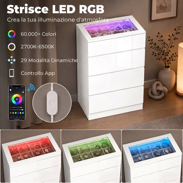 HOMCOM Cassettiera Moderna 4 Cassetti Con Luci LED, 60x40x90 cm, Bianca | Aosom Italy