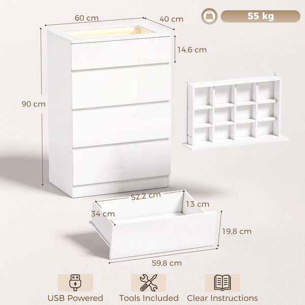 HOMCOM Cassettiera Moderna 4 Cassetti Con Luci LED, 60x40x90 cm, Bianca | Aosom Italy