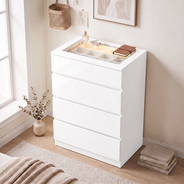 HOMCOM Cassettiera Moderna 4 Cassetti Con Luci LED, 60x40x90 cm, Bianca | Aosom Italy