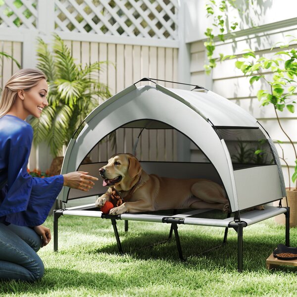 Lettino per Cani 106x76x94 cm con Copertura a 3 Lati Rimovibile in Poliestere e Acciaio Grigio Chiaro e Nero
