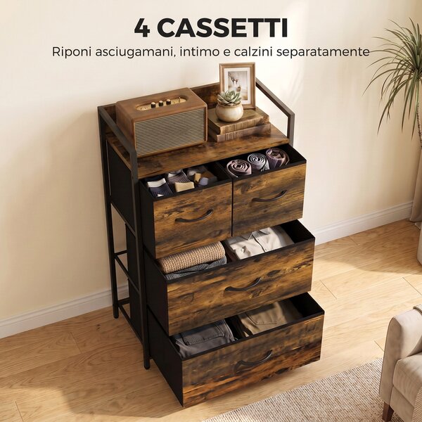 HOMCOM Cassettiera con 4 Cassetti e Telaio in Metallo, Marrone Rustico | Aosom Italy