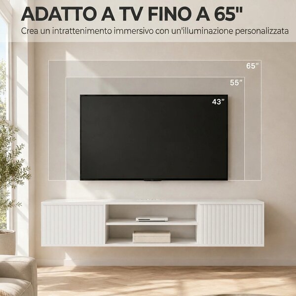 HOMCOM Mobile TV Sospeso, Mobile Porta TV Fino a 65" con Ripiano Regolabile, Luci LED RGB, Prese di Corrente, Bianco | Aosom Italy