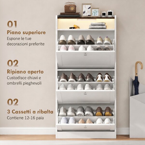 HOMCOM Scarpiera Slim con 3 Cassetti a Ribalta e LED, Bianco | Aosom Italy