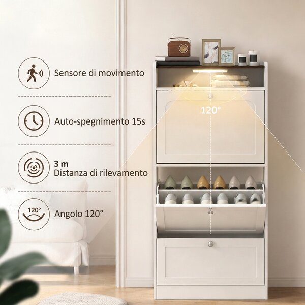 HOMCOM Scarpiera Slim con 3 Cassetti a Ribalta e LED, Bianco | Aosom Italy