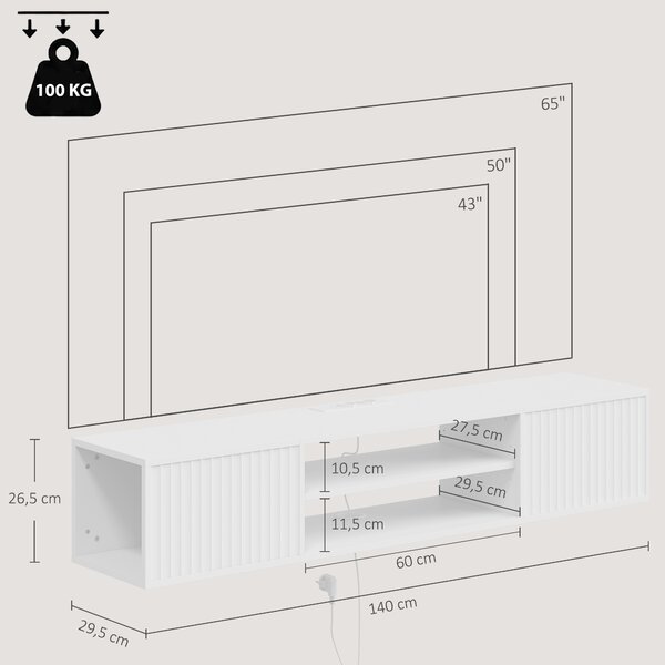 HOMCOM Mobile TV Sospeso, Mobile Porta TV Fino a 65" con Ripiano Regolabile, Luci LED RGB, Prese di Corrente, Bianco | Aosom Italy