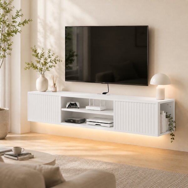 HOMCOM Mobile TV Sospeso, Mobile Porta TV Fino a 65" con Ripiano Regolabile, Luci LED RGB, Prese di Corrente, Bianco | Aosom Italy