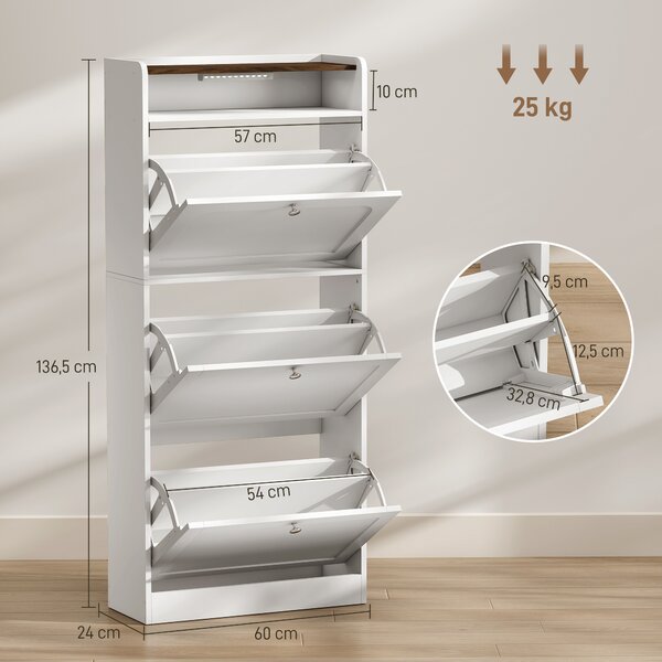 HOMCOM Scarpiera Slim con 3 Cassetti a Ribalta e LED, Bianco | Aosom Italy
