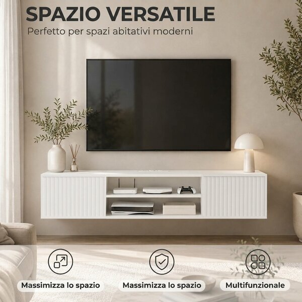 HOMCOM Mobile TV Sospeso, Mobile Porta TV Fino a 65" con Ripiano Regolabile, Luci LED RGB, Prese di Corrente, Bianco | Aosom Italy