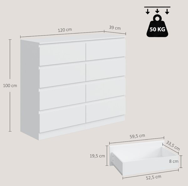 HOMCOM Cassettiera Moderna Con 8 Cassetti, 120x39x100 cm, Bianca | Aosom Italy
