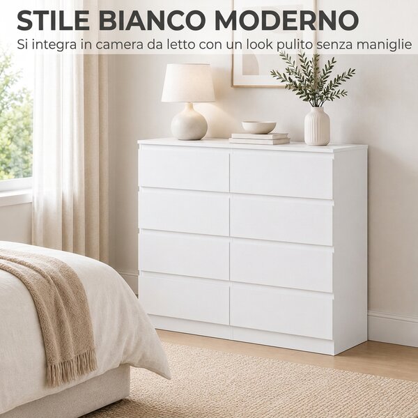 HOMCOM Cassettiera Moderna Con 8 Cassetti, 120x39x100 cm, Bianca | Aosom Italy