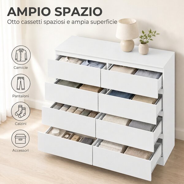 HOMCOM Cassettiera Moderna Con 8 Cassetti, 120x39x100 cm, Bianca | Aosom Italy
