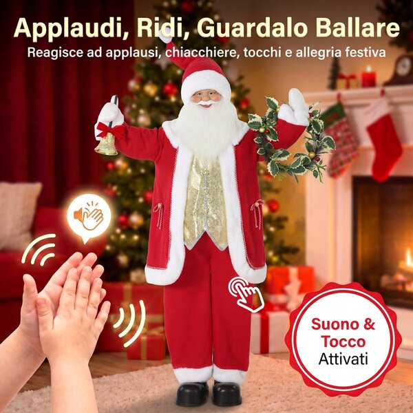 HOMCOM Babbo Natale Animato 150cm con Musica, Braccia Regolabili, Attivazione Suono/Tocco, Campanella Dorata, Ghirlanda | Aosom Italy