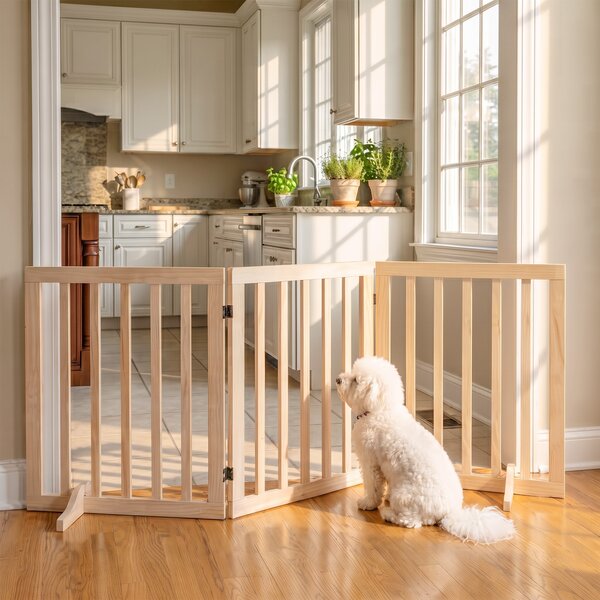 Cancelletto per Cani di Taglia Piccola Pieghevole a 3 Pannelli 150x36x61 cm con 2 Piedini di Supporto in Legno di Pino Color Legno