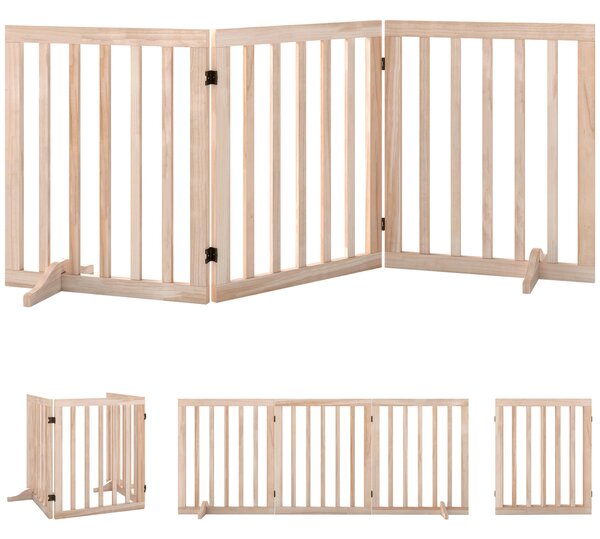 Cancelletto per Cani di Taglia Piccola Pieghevole a 3 Pannelli 150x36x61 cm con 2 Piedini di Supporto in Legno di Pino Color Legno