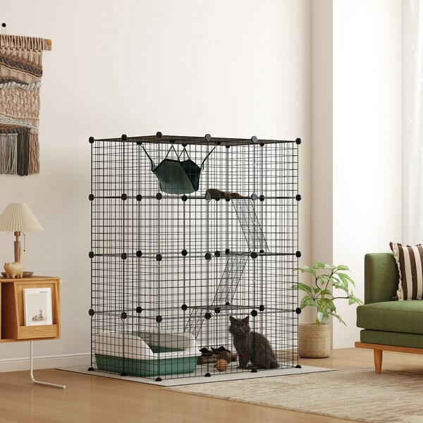 Gabbia per Gatti Grande a 4 Livelli 105x70x140 cm con Struttura Personalizzabile Rampe e Amaca per 1-3 Gatti in Acciaio e PP Nero