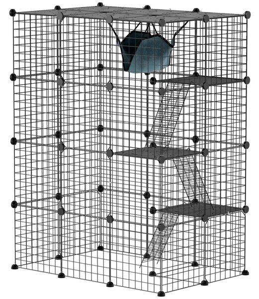 Gabbia per Gatti Grande a 4 Livelli 105x70x140 cm con Struttura Personalizzabile Rampe e Amaca per 1-3 Gatti in Acciaio e PP Nero