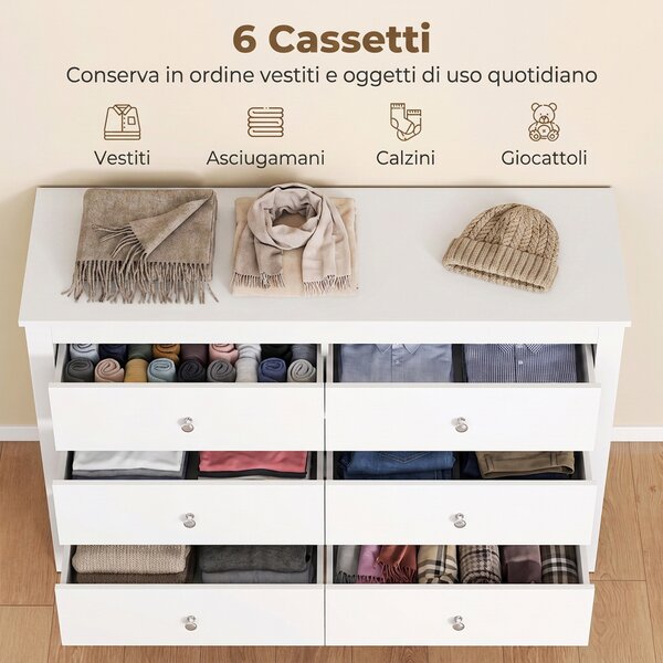 HOMCOM Cassettiera 6 Cassetti Con Guide Scorrevoli 118x39.5x75.5cm Bianco | Aosom Italy