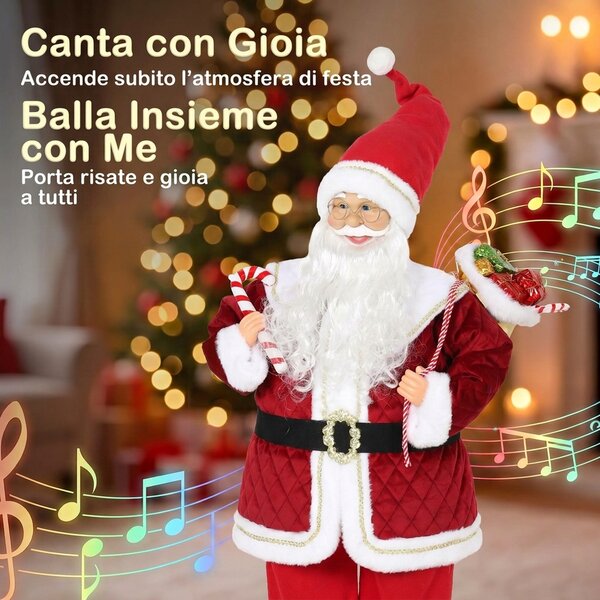 HOMCOM Babbo Natale Animato Musicale 120cm in Piedi con Testa Rotante Rosso | Aosom Italy