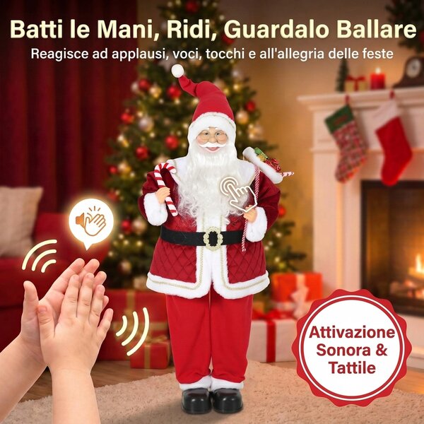 HOMCOM Babbo Natale Animato Musicale 120cm in Piedi con Testa Rotante Rosso | Aosom Italy