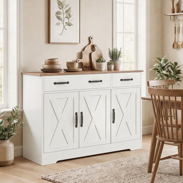 HOMCOM Credenza Cucina Rustico, Mobile Cucina con 2 Cassetti e 3 Ante, Ripiani Regolabili, 108x40x81 cm, Bianco | Aosom Italy