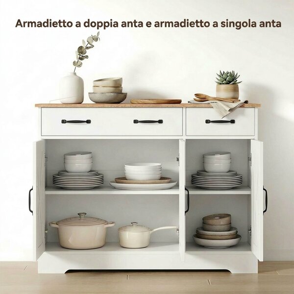 HOMCOM Credenza Cucina Rustico, Mobile Cucina con 2 Cassetti e 3 Ante, Ripiani Regolabili, 108x40x81 cm, Bianco | Aosom Italy