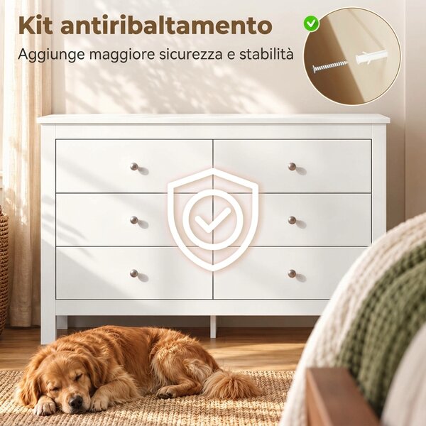 HOMCOM Cassettiera 6 Cassetti Con Guide Scorrevoli 118x39.5x75.5cm Bianco | Aosom Italy