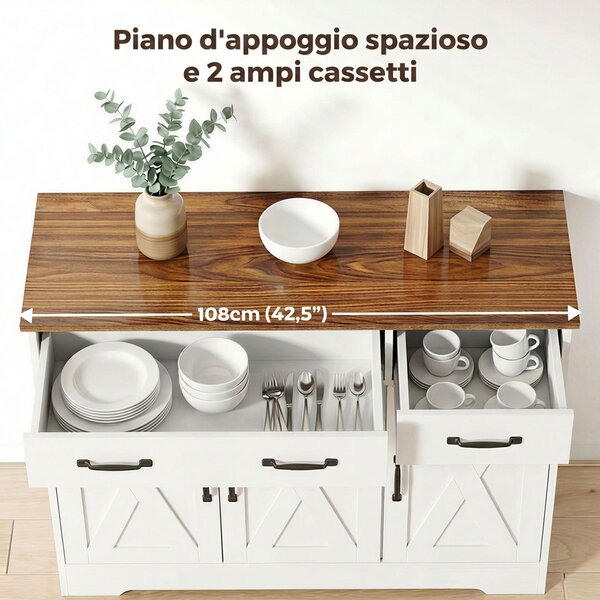 HOMCOM Credenza Cucina Rustico, Mobile Cucina con 2 Cassetti e 3 Ante, Ripiani Regolabili, 108x40x81 cm, Bianco | Aosom Italy