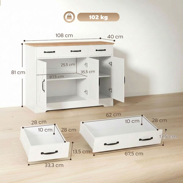 HOMCOM Credenza Cucina Rustico, Mobile Cucina con 2 Cassetti e 3 Ante, Ripiani Regolabili, 108x40x81 cm, Bianco | Aosom Italy
