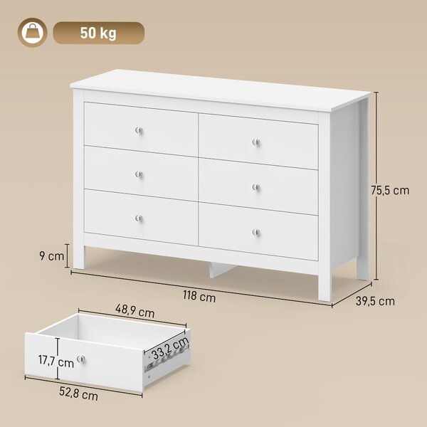 HOMCOM Cassettiera 6 Cassetti Con Guide Scorrevoli 118x39.5x75.5cm Bianco | Aosom Italy
