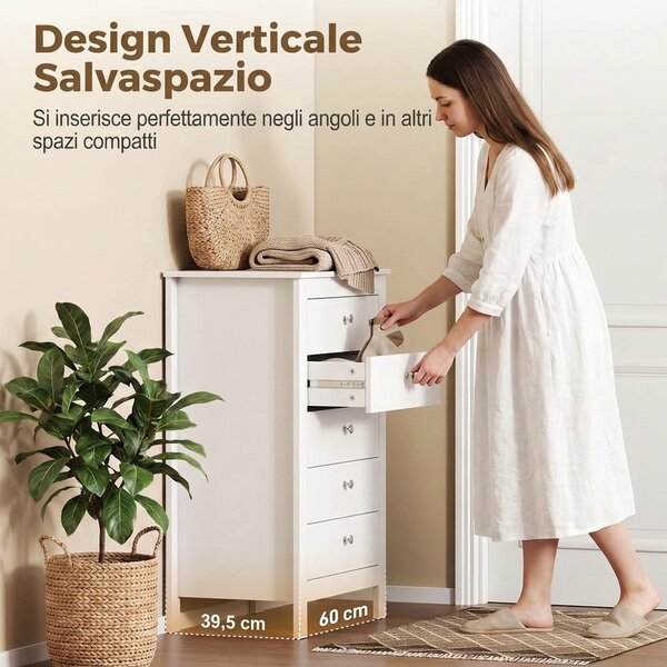 HOMCOM Cassettiera 5 Cassetti Con Guide Scorrevoli, 60x39.5x95.3 cm, Bianco | Aosom Italy
