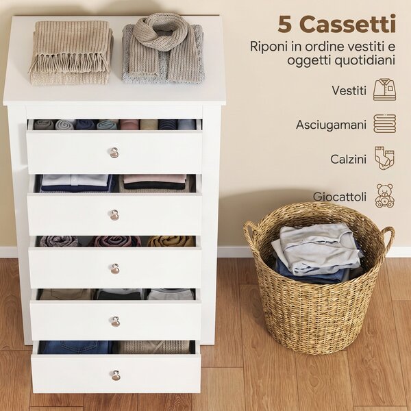 HOMCOM Cassettiera 5 Cassetti Con Guide Scorrevoli, 60x39.5x95.3 cm, Bianco | Aosom Italy