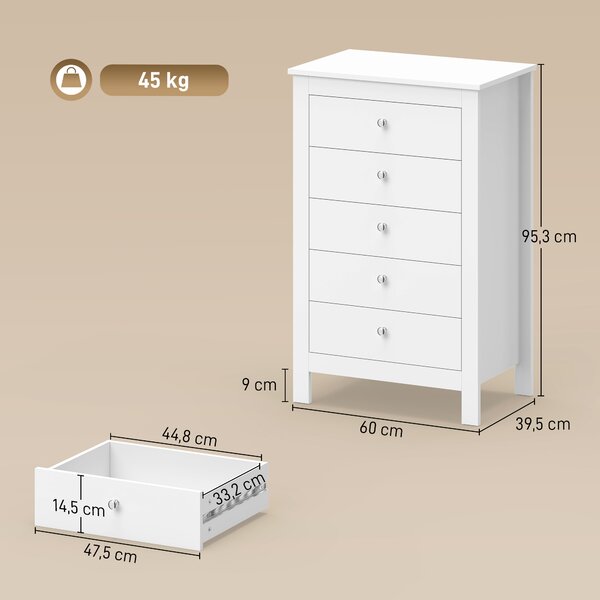 HOMCOM Cassettiera 5 Cassetti Con Guide Scorrevoli, 60x39.5x95.3 cm, Bianco | Aosom Italy