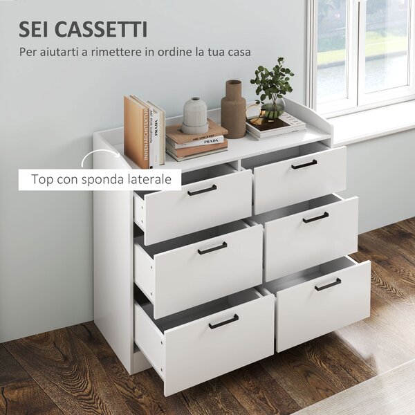 HOMCOM Cassettiera 6 Cassetti in Legno con Bordi Rialzati e Maniglie a U, 110x40x88 cm, Bianco