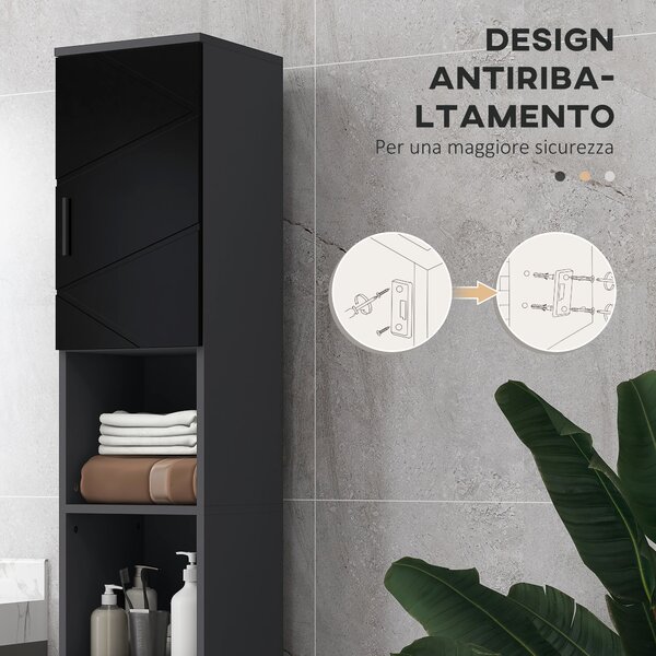 Kleankin Colonna Bagno in Truciolato con 2 Ripiani Aperti e 2 Armadietti a 2 Livelli, 30x30x183 cm, Nero e Grigio|Aosom