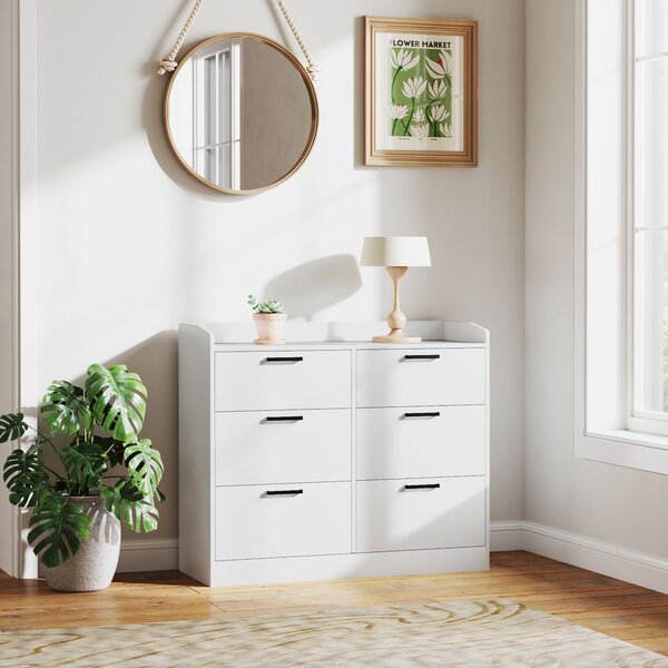 HOMCOM Cassettiera 6 Cassetti in Legno con Bordi Rialzati e Maniglie a U, 110x40x88 cm, Bianco