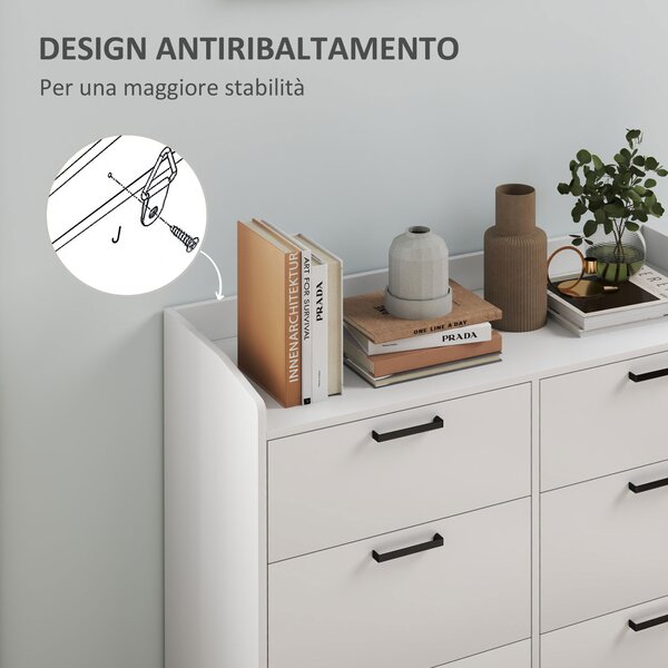 HOMCOM Cassettiera 6 Cassetti in Legno con Bordi Rialzati e Maniglie a U, 110x40x88 cm, Bianco