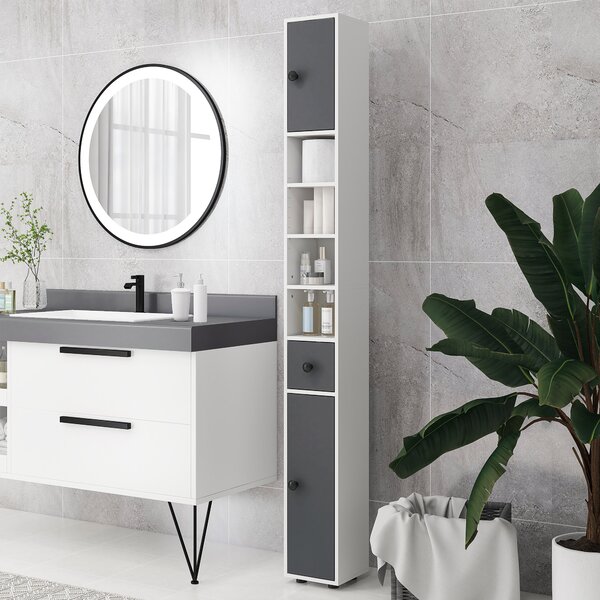 Kleankin Mobile Colonna Bagno con Cassetto, 2 Armadietti e 4 Ripiani Aperti, in Legno, 20x20x180 cm, Grigio Bianco | Aosom Italy