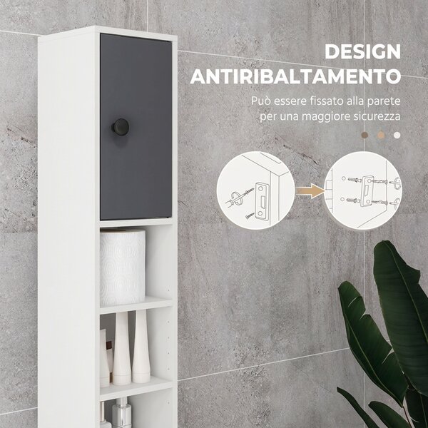 Kleankin Mobile Colonna Bagno con Cassetto, 2 Armadietti e 4 Ripiani Aperti, in Legno, 20x20x180 cm, Grigio Bianco | Aosom Italy