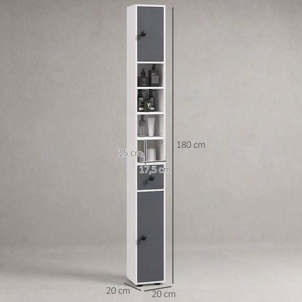 Kleankin Mobile Colonna Bagno con Cassetto, 2 Armadietti e 4 Ripiani Aperti, in Legno, 20x20x180 cm, Grigio Bianco | Aosom Italy