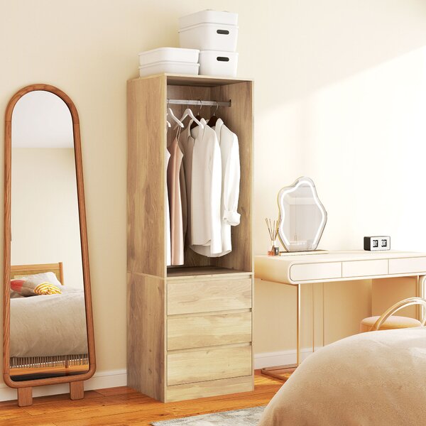 HOMCOM Armadio Guardaroba con Asta Appendiabiti, Ripiano Aperto e 3 Cassetti, in Legno, 60x48.5x185 cm, color Teak