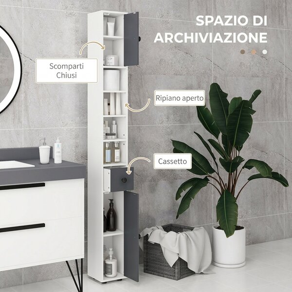 Kleankin Mobile Colonna Bagno con Cassetto, 2 Armadietti e 4 Ripiani Aperti, in Legno, 20x20x180 cm, Grigio Bianco | Aosom Italy