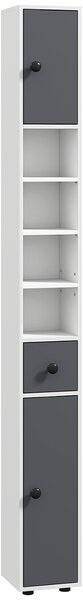 Kleankin Mobile Colonna Bagno con Cassetto, 2 Armadietti e 4 Ripiani Aperti, in Legno, 20x20x180 cm, Grigio Bianco | Aosom Italy