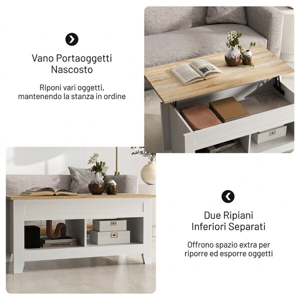 HOMCOM Tavolino da Caffè Industriale con Vano Portaoggetti, Piano Sollevabile, Tavolo Salotto per Soggiorno Casa Ufficio, 105x50x49cm, Bianco, Naturale | Aosom Italy